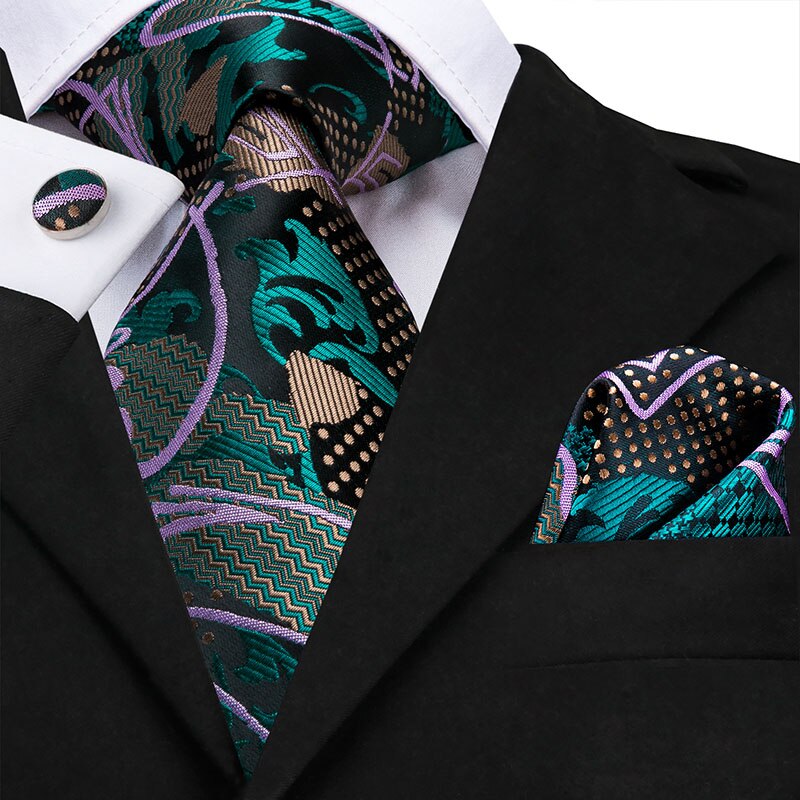 Corbata con Estampado Negro, Verde, Rosa y Beige