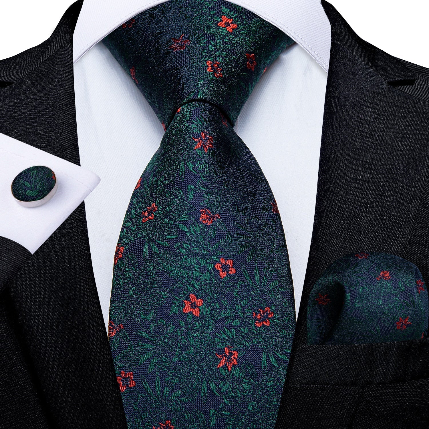 Corbata Azul y Verde con Flores Rojas
