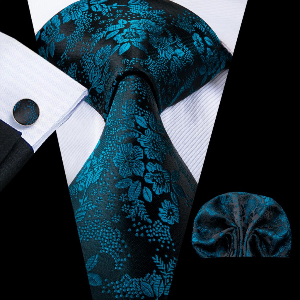 Corbata Negra con Flores Azul Turquesa