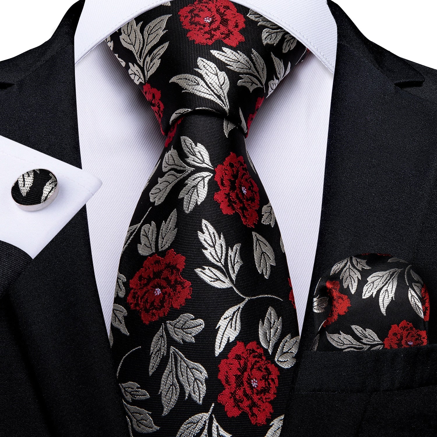 Corbata Negra con Rosa Roja