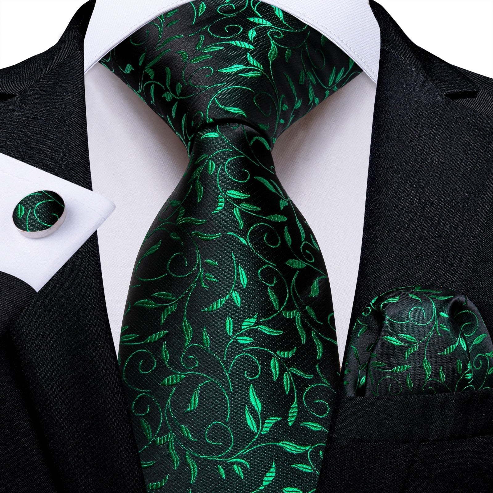 Corbata Negra con Flores Verde Claro