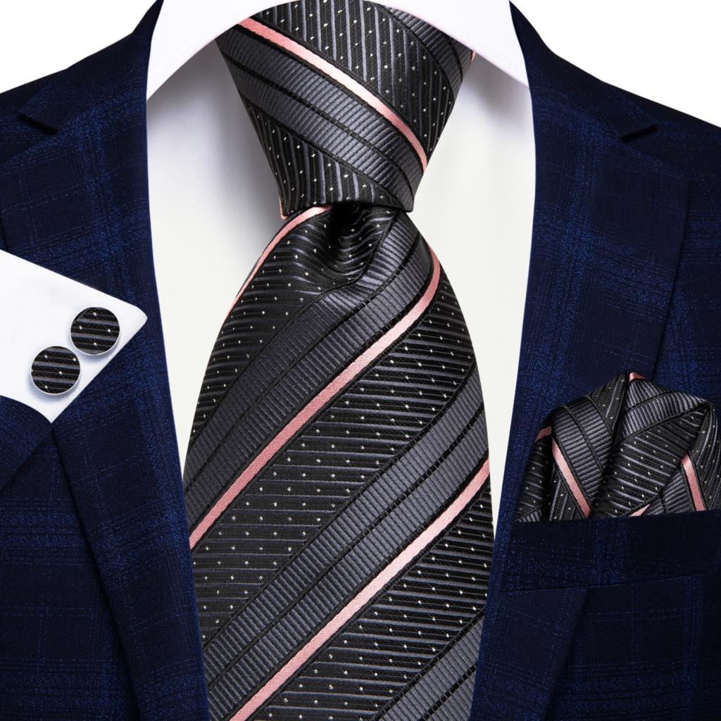 Corbata de Rayas Grises y Rosas con Puntos Blancos