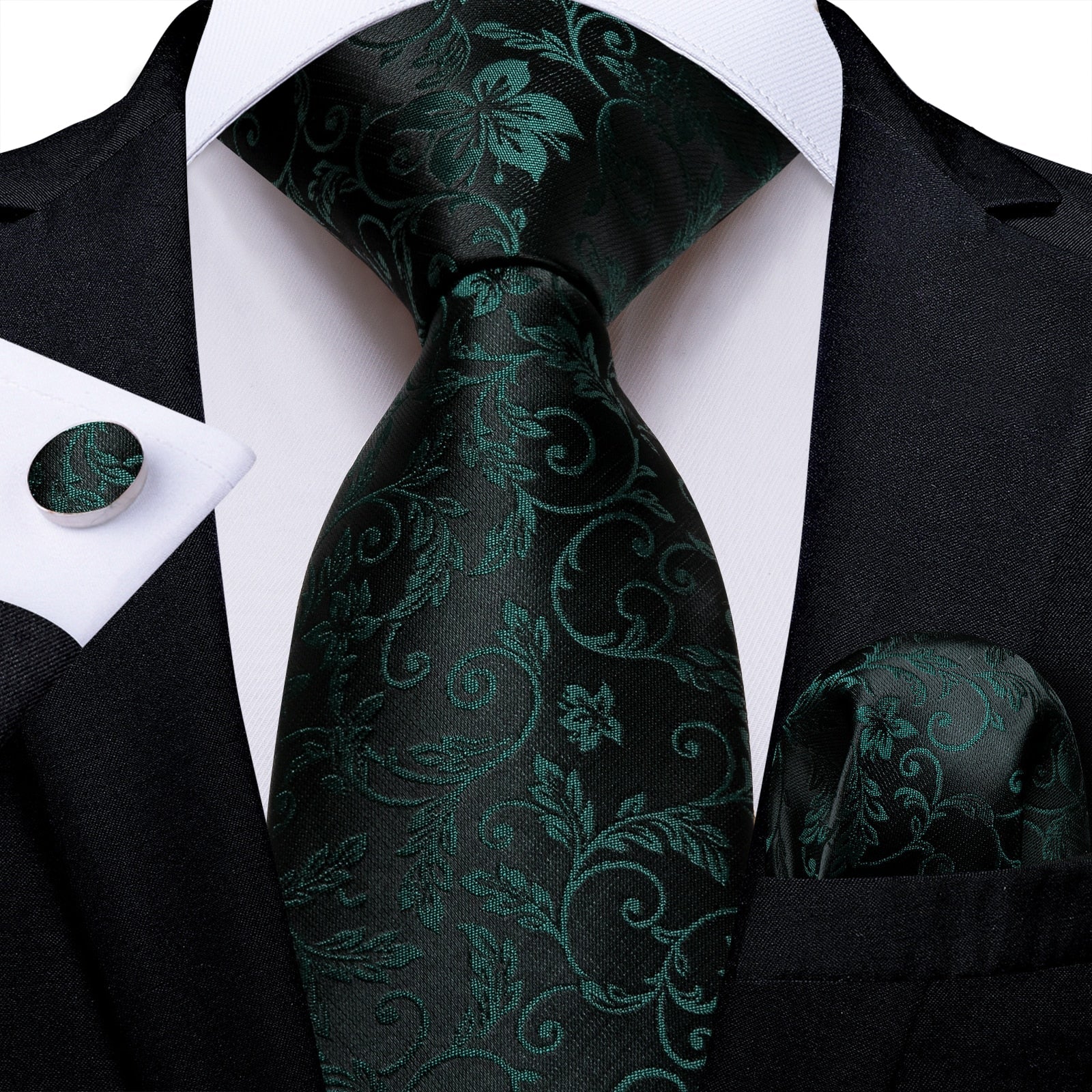 Corbata Negra con Flores Verde Oscuro