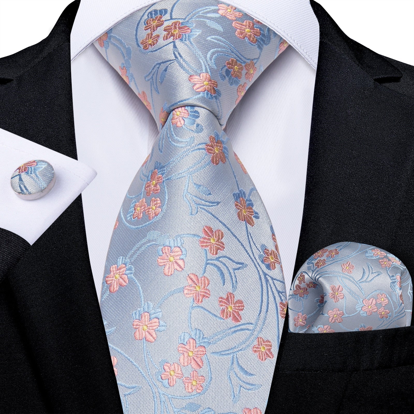Corbata Azul Gris con Flores Rosas