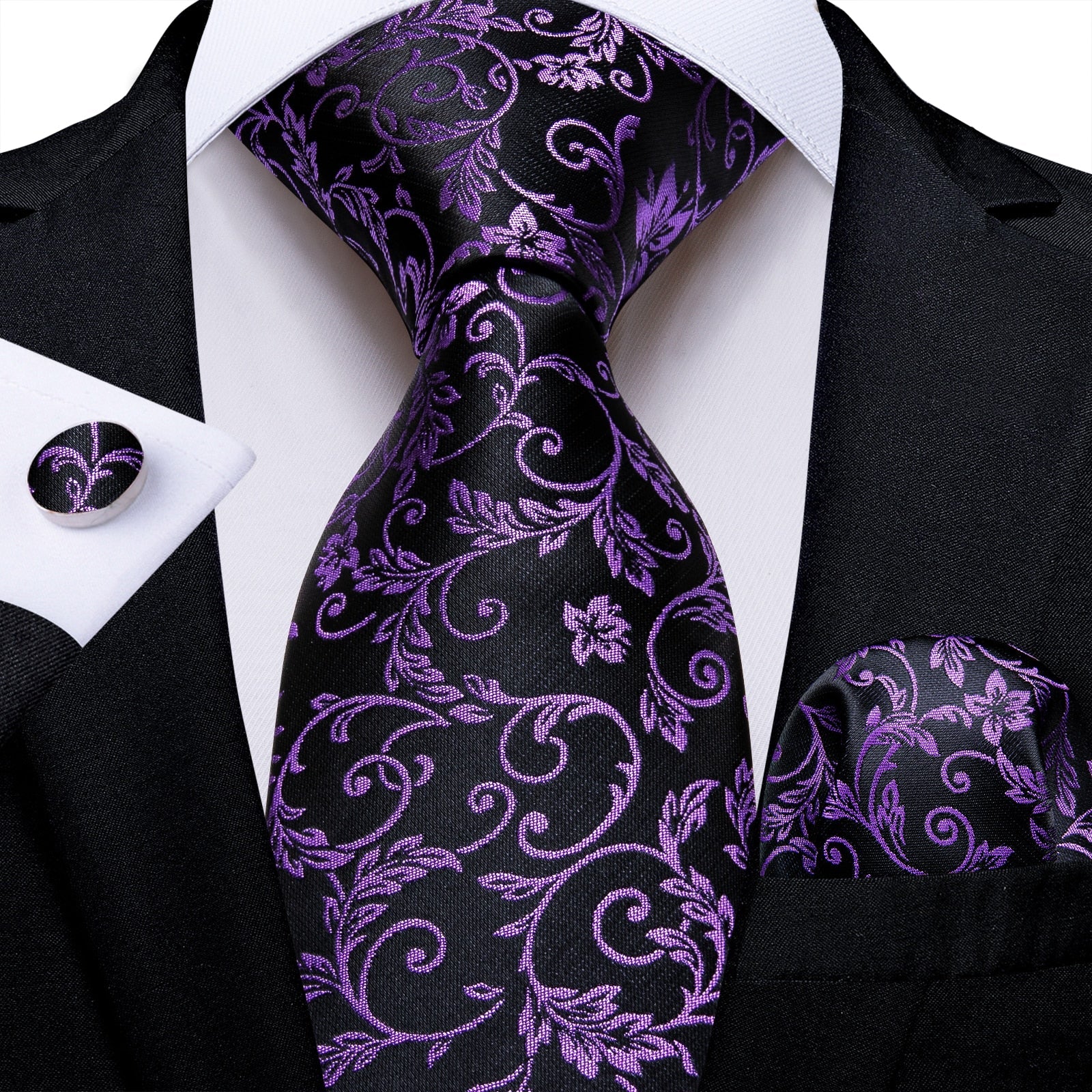 Corbata Negra con Flores Moradas