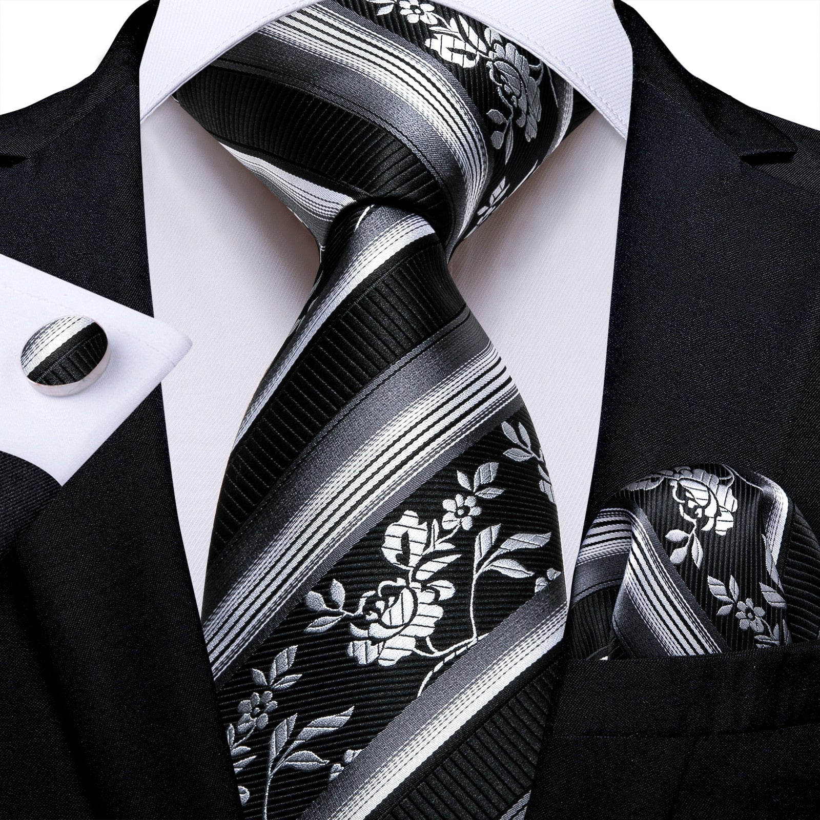 Corbata de Rayas Negras con Flores Blancas