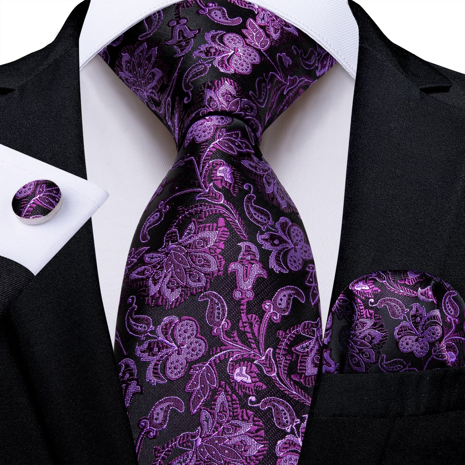 Corbata Negra con Flores Moradas