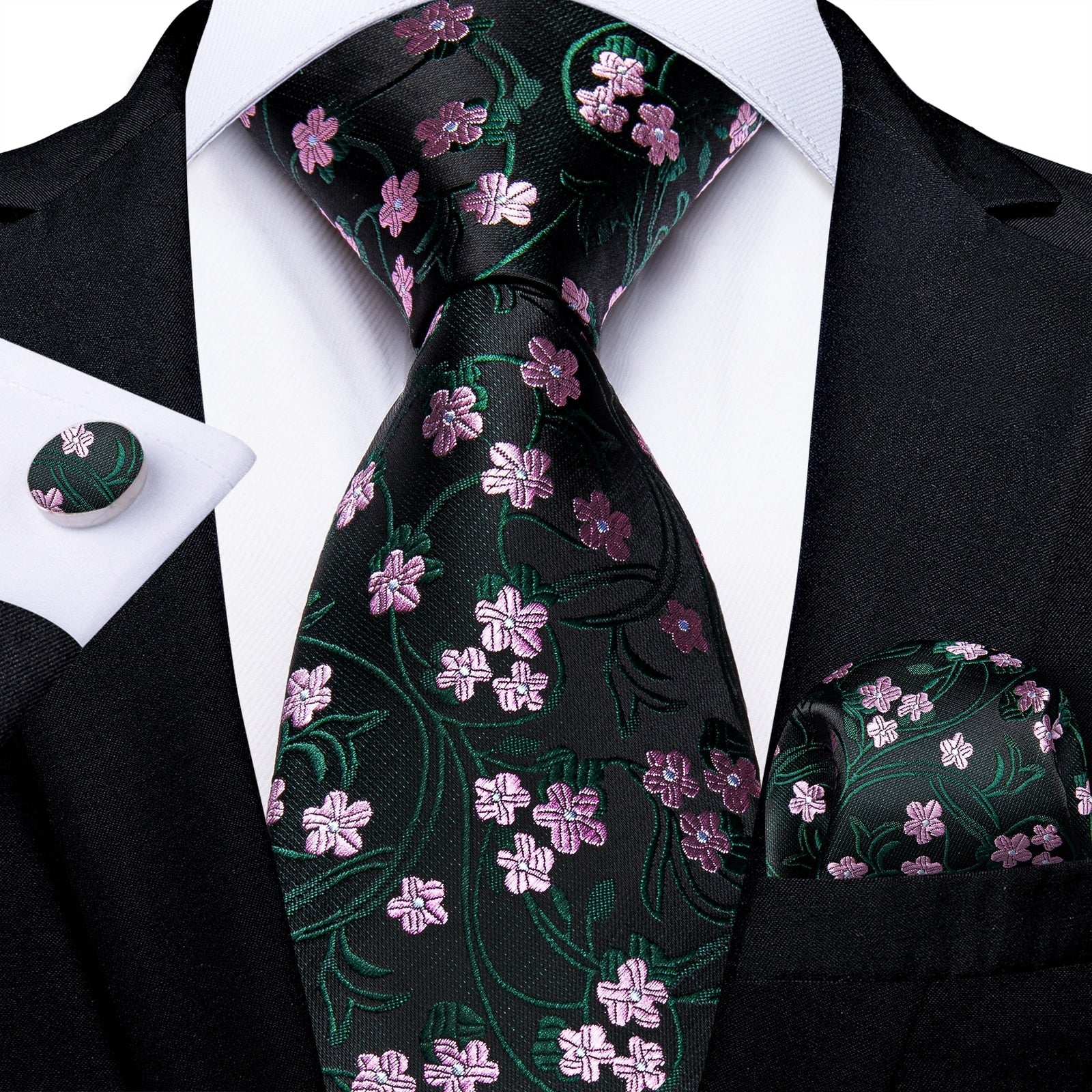 Corbata Negra con Flores Verdes y Rosas